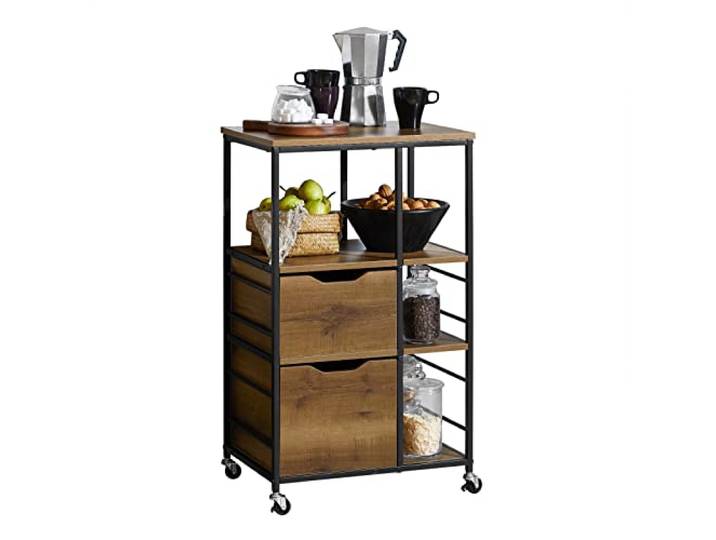 SoBuy Küchenwagen mit Bremsrollen, 2 Schubladen & 3 Ablagen, 89x53x37 cm Servierwagen mit seitlichen Metallstreben & offenem Stauraum, PB/Stahlrahmen, für Küche & Haushalt, Vintage Braun, FKW111-PF