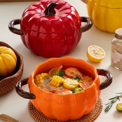 Inspired Living Ceramic Pumpkin Soup Pot With Lid Creative Halloween Soup & Noodle Bowl red