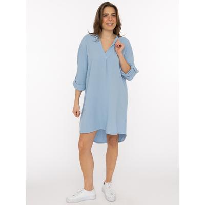 Schlupfbluse ZWILLINGSHERZ "Rom", Damen, blau (hellblau), Web, Obermaterial: 100% Baumwolle, unifarben, ca. Mitte Oberschenkel, tiefer V-Ausschnitt, Krempelärmel 1-Knopf-Manschette, Blusen Schlupfbluse, verlängerte Rückenpartie, V-Neck, Turn-Up...
