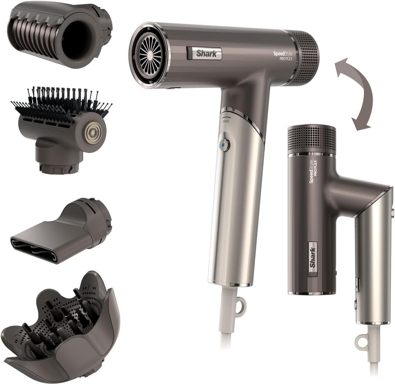 Care+ Shark SpeedStyle Pro FLEX HD542UK Hair Dryer High Velocity Ionic No Heat Damage 4 Styling Tools Mocha Silver, New
