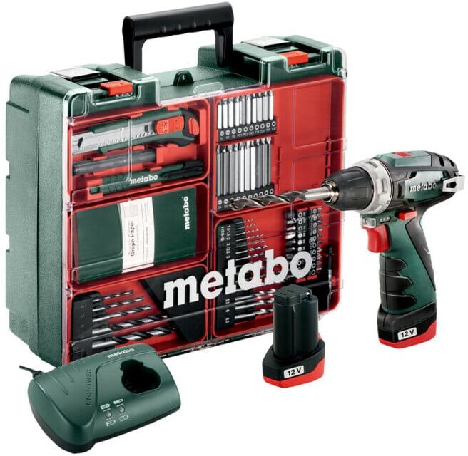 Perceuse-visseuse sans fil PowerMaxx BS Basic Set de Metabo atelier mobile ; boîtier en plastique ; 10,8V 2x2Ah Li-Ion + LC 40 (600080880)