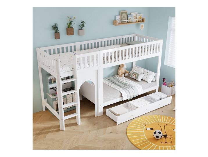 MODFU Etagenbett mit vierseitigem Geländer (Stauraumbett Kinderbett mit vierstufiger Leiter, Funktionsbett 90x200 cm), ohne Matratze