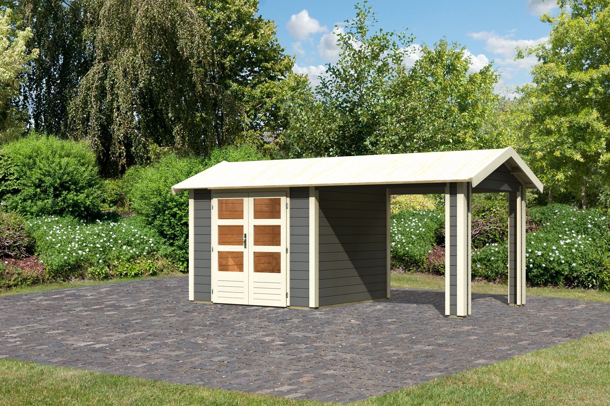 Karibu Gartenhaus Gerätehaus Theres 3 im Set mit 1 Dachausbauelement terragrau 480x244x242 cm