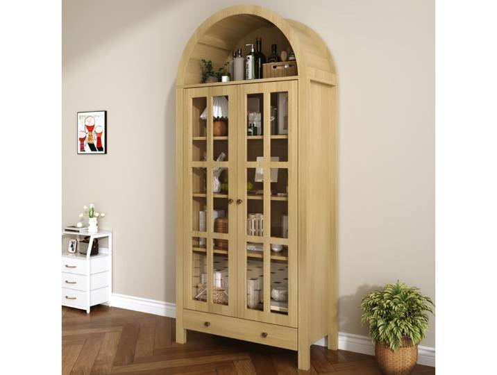 Modenuit Vitrine haute arche 75x35x170 5 cm MDF naturel portes en acrylique et tiroir