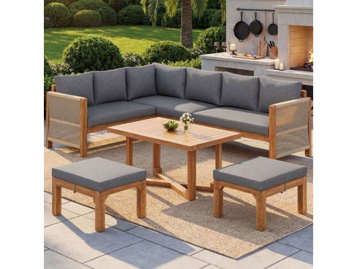 Ensemble de jardin extérieur en Bois d'Acacia Massif-Salon de Jardin Modulable6Places avec Coussins Imperméable SALON BAS DE JARDIN