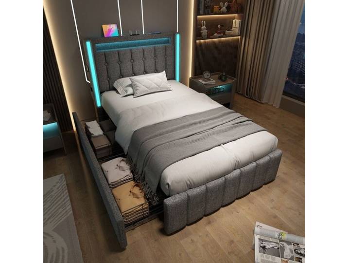 Lit simple capitonné - PAGE Living - 90x200 - LED réglable - 2 tiroirs