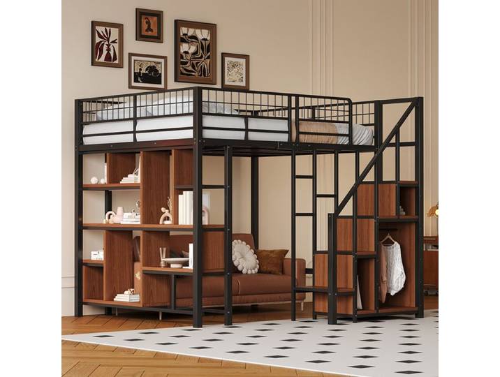 Lit mezzanine 140x200 cmmultifonctionnel métallique avec espace de rangement tablettes escalier - SWEIKO - Noir