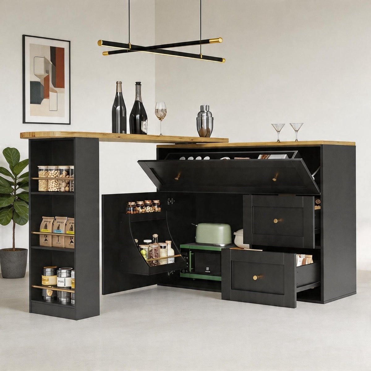 Komhtom Uitschuifbare Bartafel met Opbergruimte en Snackplank, Zwart, B/D/H: 138-204 x 39 x 105 cm