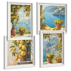 BILDER SET 4er Set - 50x50 cm & 40x60 cm Weißer Rahmen - Meereslandschaften, Zitronen, Fenster