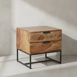 KADIMA DESIGN Industrial Nachtkonsole aus Sheesham-Holz und Eisen, 2 Schubladen, 50x40x51 cm