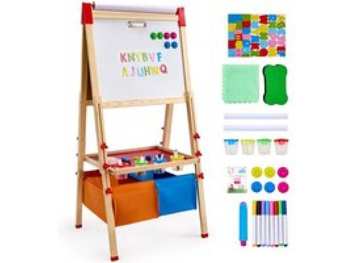VEVOR Kunststaffelei für Kinder, 3-in-1-Kunststaffelei aus Holz, doppelseitig, mit magnetischem Whiteboard, Kreidetafel, Papierrolle, verstellbarem Zeichenbrett mit Malzubehör, für Kinder ab 3 Jahren