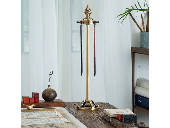 Nouveau support à pinceaux en laiton chinois, support à stylos de calligraphie vintage, présentoir de bureau stable pour salle d'étude, décoration intérieure traditionnelle élégante