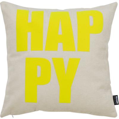 Dekokissen DONE. "HAPPY", gelb (beige, neon gelb, schriftzug), B:45cm L:45cm, Polyester, Dekokissen_Sitzkissen_Kissenhüllen, Extra weiche Haptik
