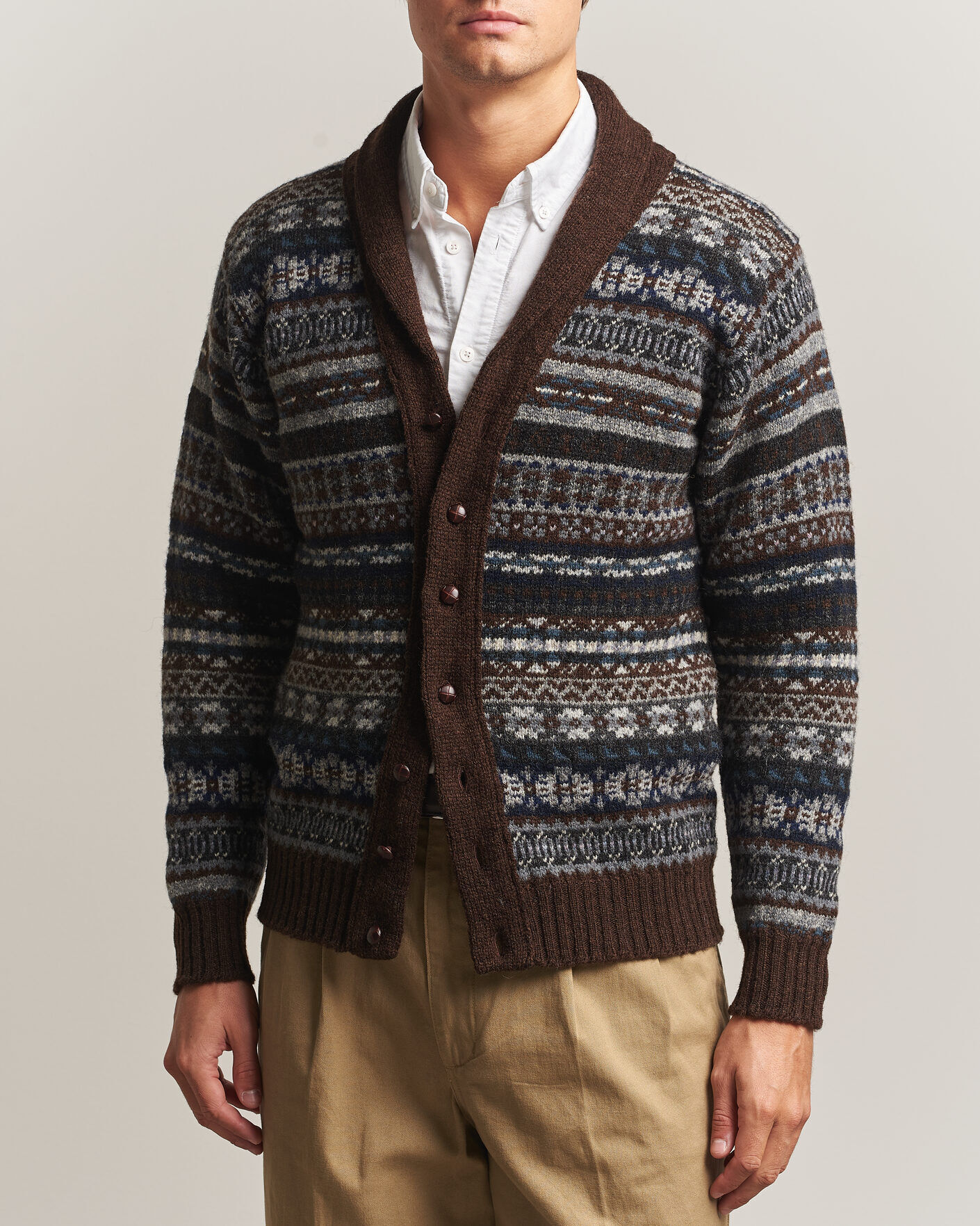 Jamieson's of Shetland Jamiesons Of Shetland All Over Fair Isle Shawl Collar Cardigan Brown men 40 Brun