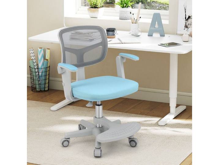 DREAMADE Chaise de Bureau pour Enfant Pivotante Chaise d'Étude Réglable en Hauteur avec Repose-pied Accoudoirs Relevables Bleu
