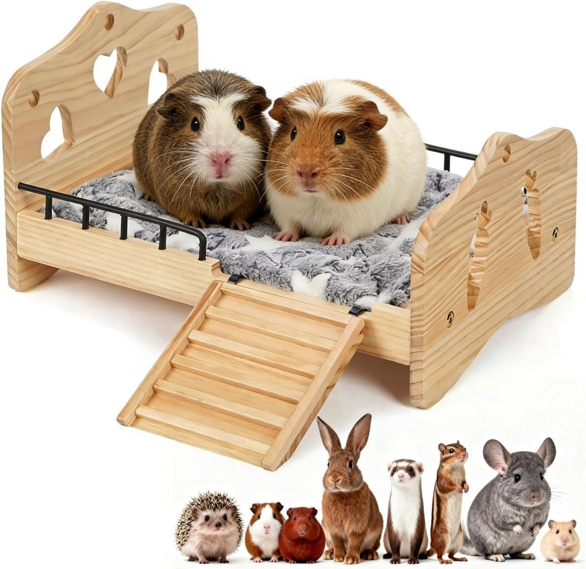 Houten bed voor cavia's, konijnen, chinchilla's, hamsters en fretten met trap, handgrepen en mat