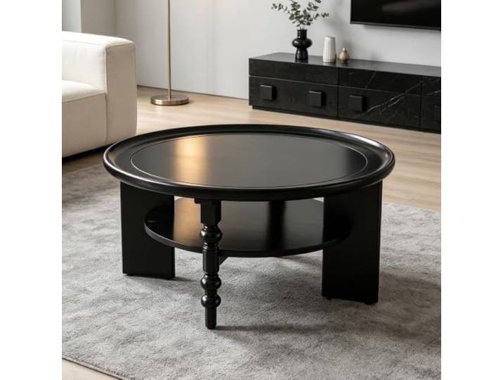 EBOYNSowAprr Französischer Vintage Couchtisch aus Massivholz Runder Aufbewahrungstisch im Mid-Century Modern Stil mit geschlossenem Schrank(Black,31.5x17.7 -B)