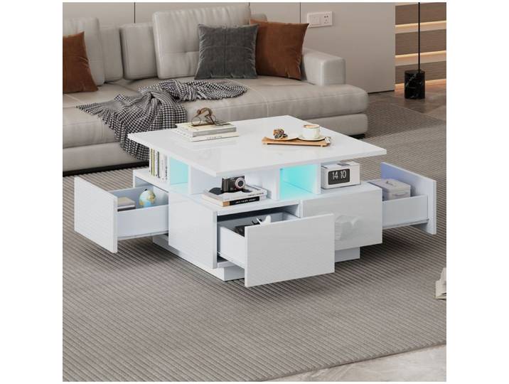 Table basse - SENVIRO - cube LED lumineuse laquée rangement 4 tiroirs salon 70x70x40cm blanc