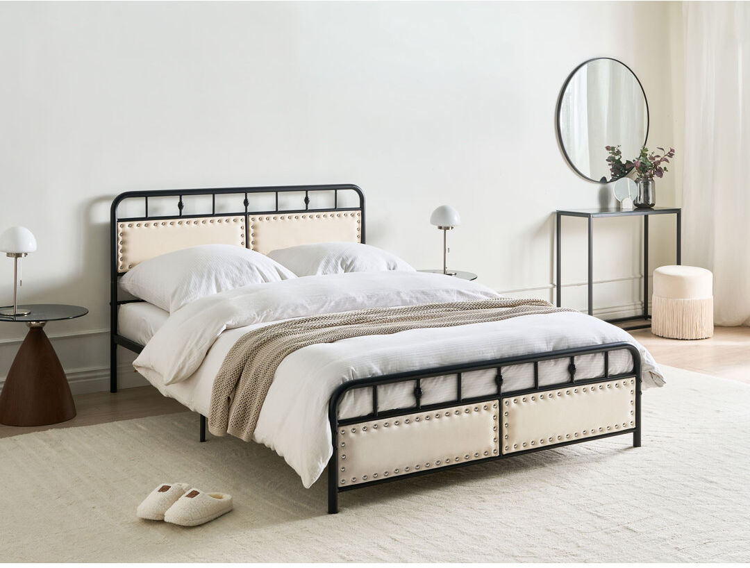 Trent Austin Design Upholstered Fabric Bed Frame Black, Beige European Double (140 x 200 cm)