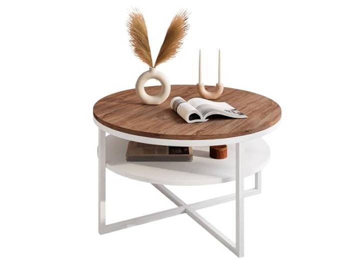 lukmebel Couchtisch rund - CIRI-X runder - Beistelltisch rund - Kaffetisch - Industrial Deko - Deko Wohnzimmer - Kleiner Beistelltisch - Sofatisch - Kleiner Tisch - Weiß/Stirling Eiche