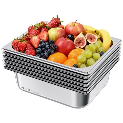 VEVOR Gastronormbak GN 1/2, 6 stuks, zilver, roestvrij staal, 6 liter, Diepte: 9,9 cm