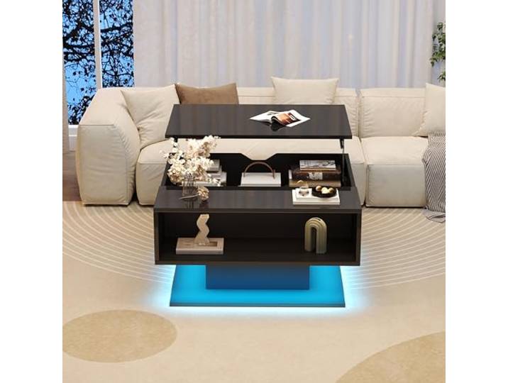 Merax Couchtisch Höhenverstellbar 80x75 cm, Couchtisch mit Stauraum, Wohnzimmertisch Hochglanz, Sofatisch mit Verstecktem, Moderner Kaffeetisch, Beistelltisch Wohnzimmer, Schwarz