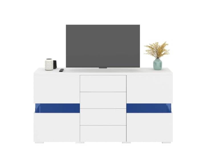 Sideboard 140*35*72 cm Weiß Hochglanz LED 2Türen 4Schubladen MDF, Hochglanz-Fronten, mattes Finish, 140 x 35 x 72 cm, 6 Fächer, LED-Beleuchtung, App-Steuerung