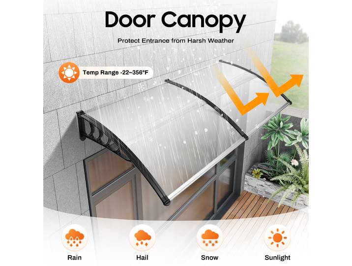 Auvent pour porte d'entrée 200 x 93 cm auvent en polycarbonate auvent arqué transparent auvent de fenêtre, protection solaire, protection contre la pluie