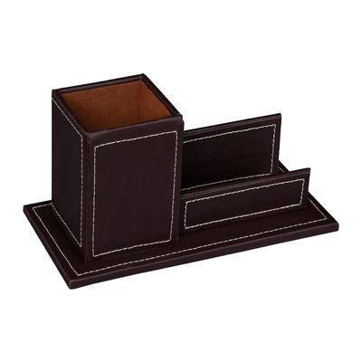 Relaxdays Schreibtisch Organizer mit Stiftebecher & Visitenkartenhalter, Kunstleder, HBT: 10,5 x 20 x 10 cm, braun