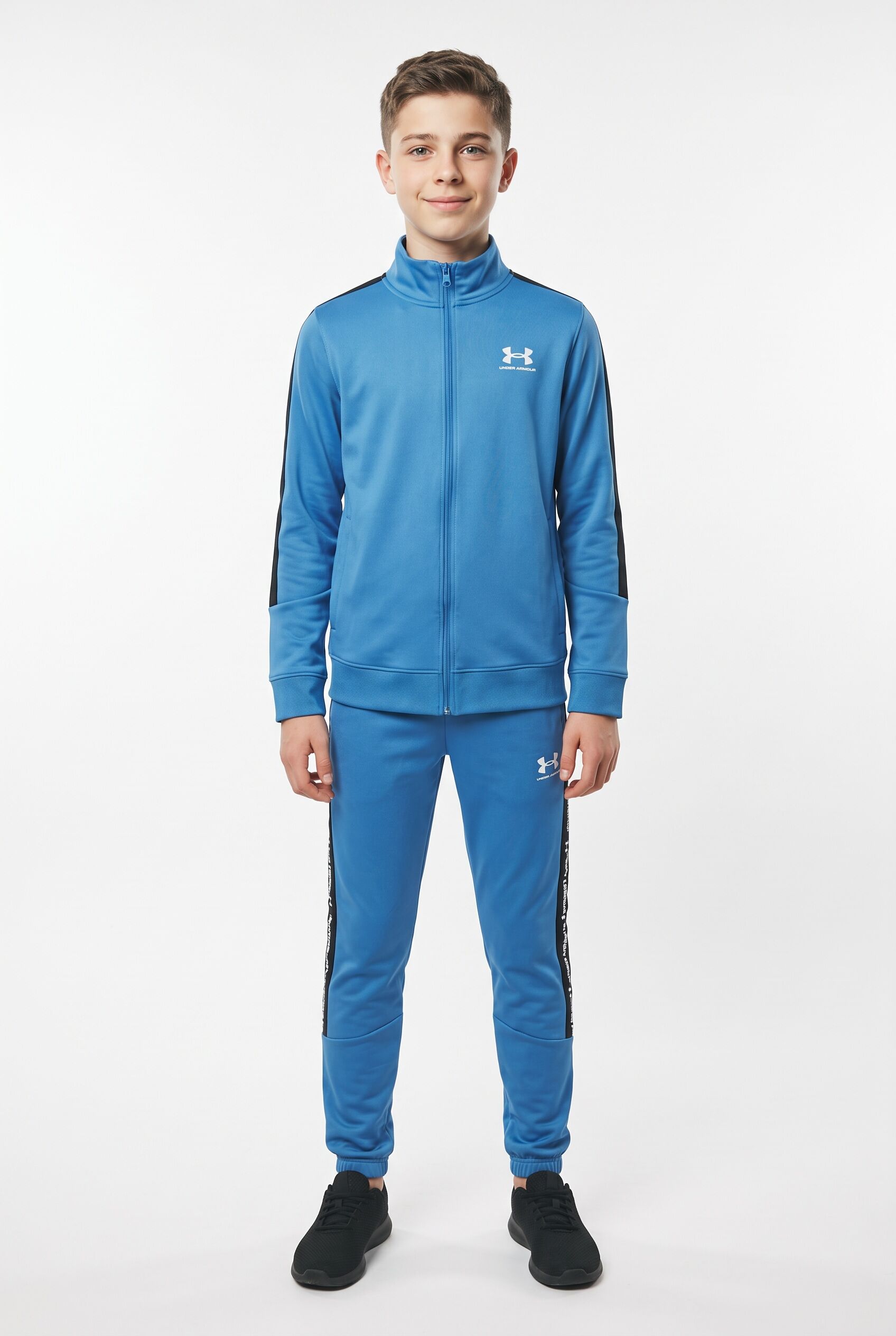Trainingsanzug UNDER ARMOUR "UA B ICON KNIT TRACKSUIT", Jungen, Gr. M, aegean blau, weiß, Obermaterial: 100% Polyester, Sportanzüge Trainingsanzug, für Sportmode und aktive Freizeit, komfortables Tragegefühl aegean blau, weiß M