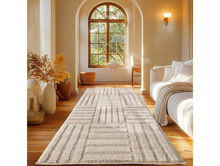 Carpetsale24 Tapis Coureur 80x250 cm Crème Scandi Boho à Carreaux Shaggy Doux Moelleux Effet Relief Moderne Facile à Nettoyer