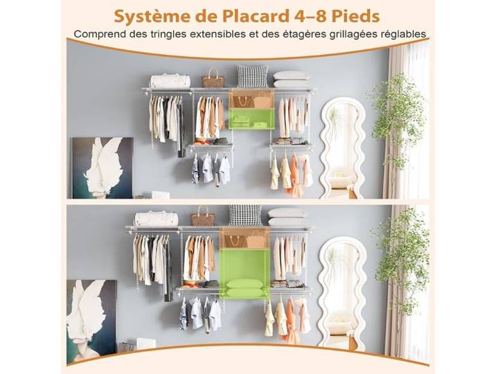 GIANTEX Porte-Vêtements DIY avec Étagères Ouvertes Barres de Suspension et Ajustement Intelligent Penderie Murale de 122-244