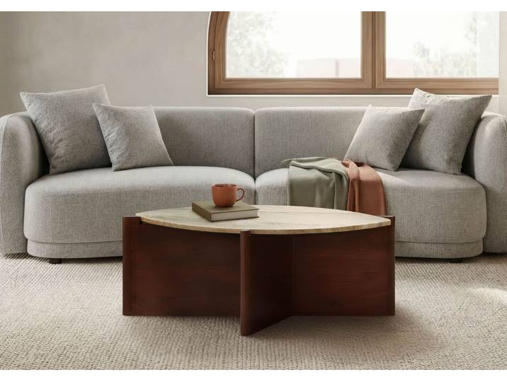 Couchtisch Akazie 85x50x31 braun lackiert / Marmor beige ORGANIC COLLECTION #28