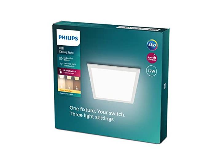 PHILIPS Plafonnier carré à panneau LED SceneSwitch à intensité variable\, 3 ambiances différentes\, blanc chaud\, 12W. pour l'éclairage intérieur\, le salon et la chambre\, blanc