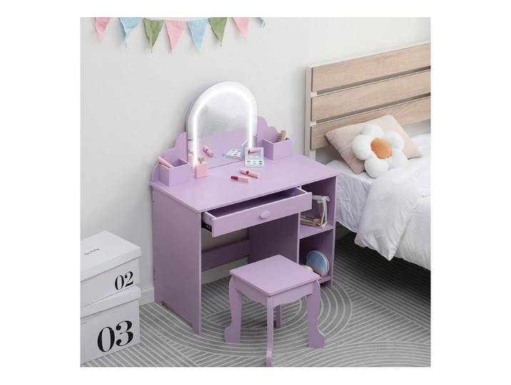 GarveeMore Schminktisch Kinderschminktisch mit Spiegel und Hocker, Robustes Holz Schminktisch, mit Beleuchtung&Schublade,Wellenrand Kosmetiktisch Kinderzimmer Möbel