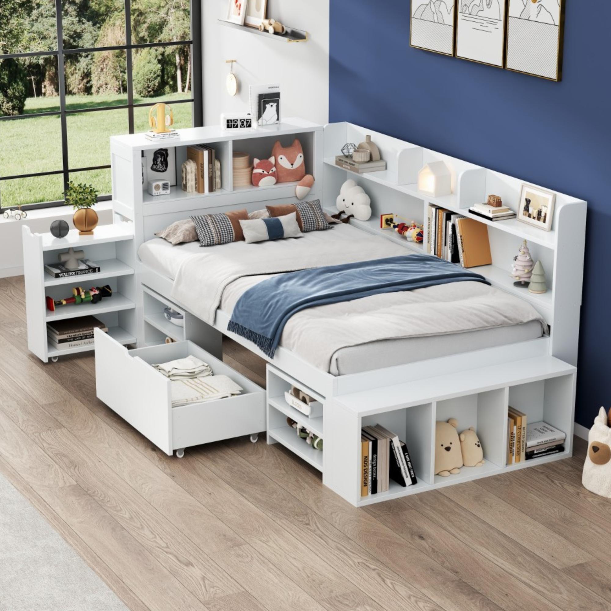 Kinderbett, 90 x 190 cm, Einzelbett, multifunktionales Kinderbett, mit Bücherregal und Bücherregal, großer Speicherplatz, einschließlich Babybett, ohne Matratze, weiß.