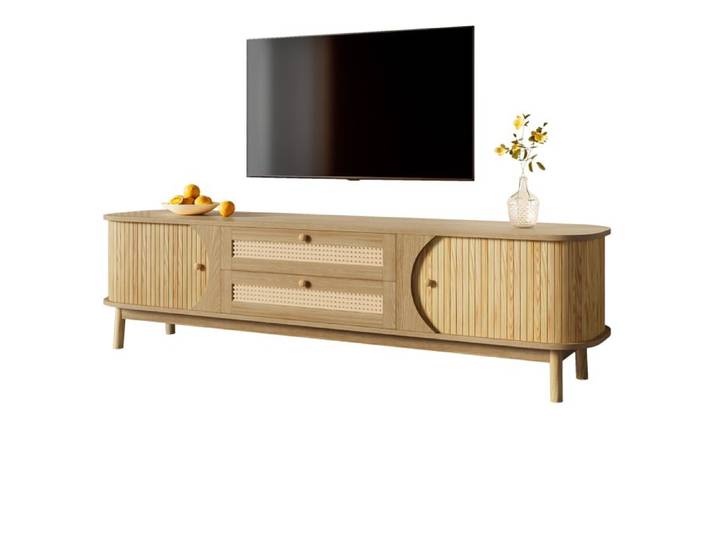 Meuble TV Bas en Bois Naturel avec Cannage et Tiroirs Meuble TV Design Style Campagne Chic pour Salon