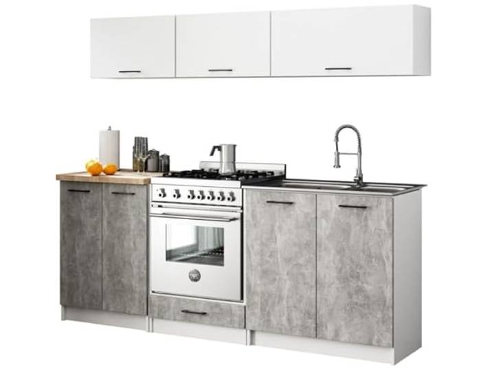 BDW - Küchenzeile ohne Elektrogeräte - Miniküche 200 cm breit - Küche Komplett: Küchenunterschränke & Küchenhängeschränke - 200x74x46 cm - Küchenschränke Weiß/Beton