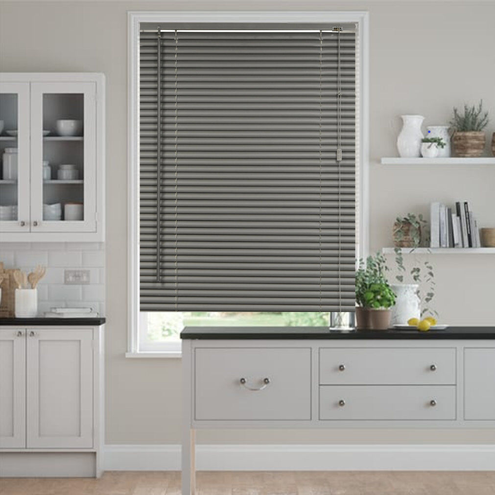 17 Stories Embossed PVC Venetian Blinds, Wood Effect Window Shades for Home Grey 213 cm L x 105 cm W