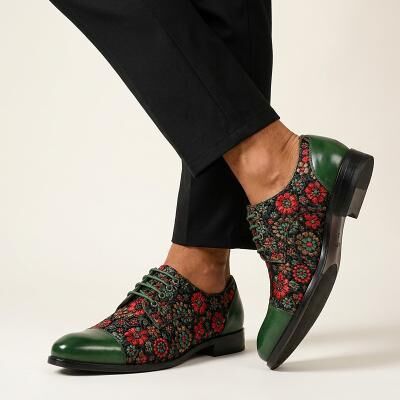 LightInthebox Men's Black Green Floral Embossed Leather Dress Shoes, Luxury Oxford Formal Shoes for Business, Weddings Upscale Events