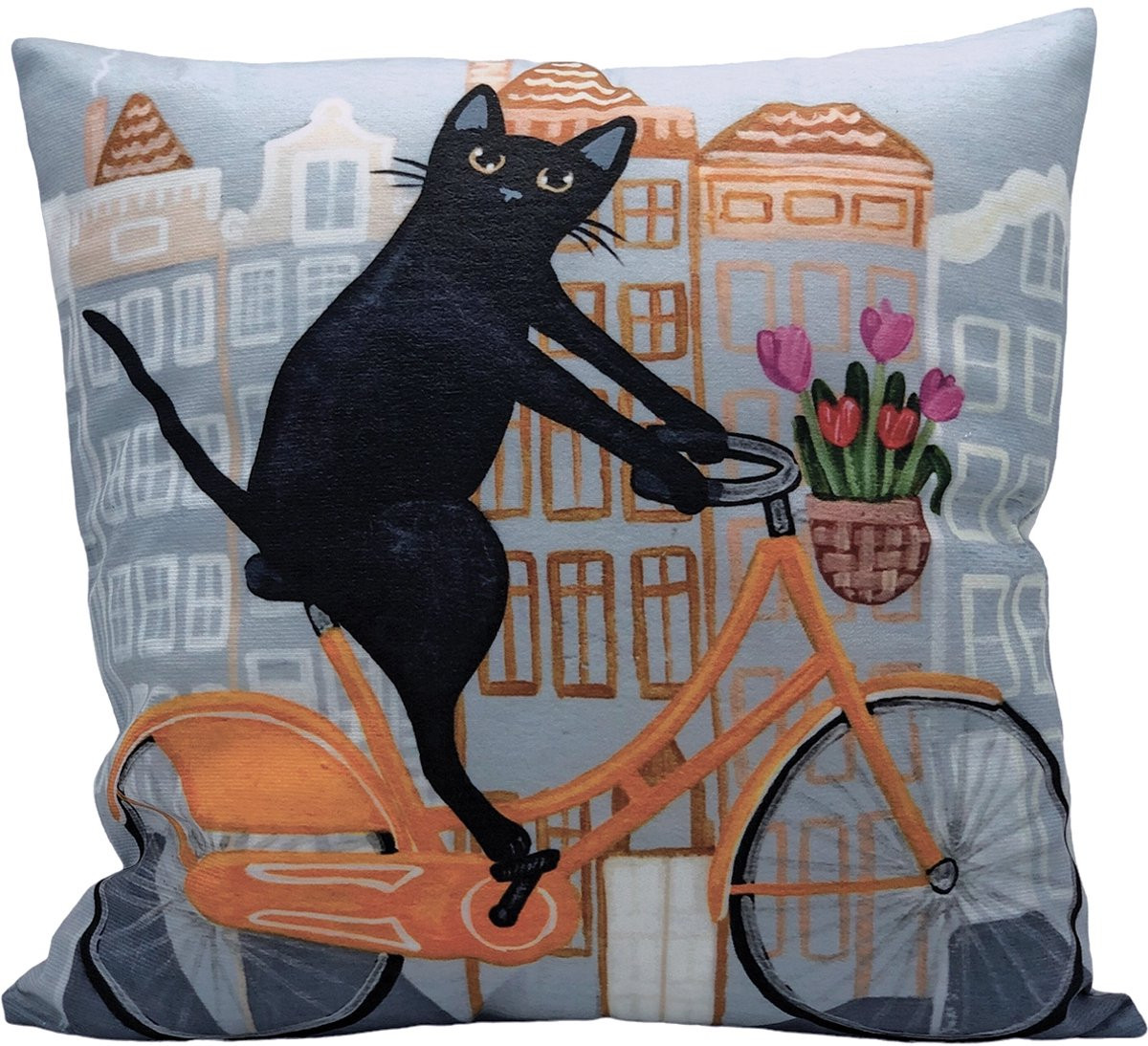 Sierkussen Kat met Amsterdamse Kat op Fiets - Grijs - 45 x 45 cm
