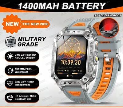Uplift Essentials "TANK Ultra Military Smart Watch 1400mAh Battery & 2.01"" AMOLED 10ATM Waterproof GPS Tactical SmartWatch grey Orange"