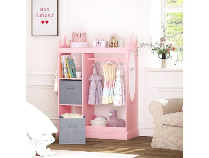 Garvee Kinderkleiderschrank Pink, Kinderregal Holz mit Acrylspiegel & Kleiderstange, Spielzeug-Organizer mit 2 Stoffboxen, Prinzessin Garderobe Verkleidungsecke für Kinderzimmer Spielzimmer