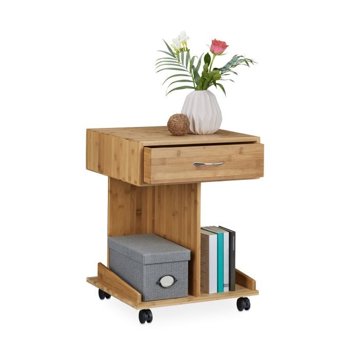 Relaxdays ROLLI Bijzettafel op wieltjes van bamboe, Bruin