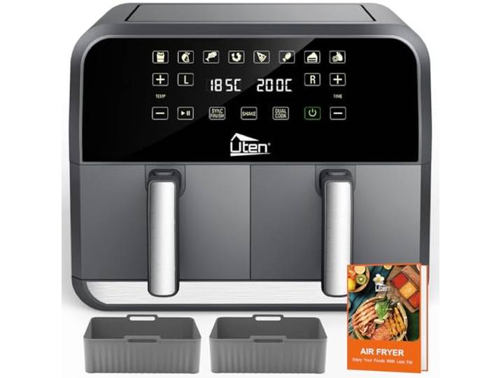 Uten Heißluftfritteuse 2 Kammern, 8 L Dual Zone Doppelkammer 1700 W Silikonpads inklusive, 114 rezepte, digitalanzeige mit sync finish, shake-erinnerung, spülmaschinenfest