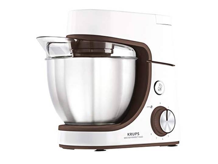 Krups KA51K1 Master Perfect Duo Küchenmaschine c 1100 Watt 5 Geschwindigkeiten Pulse-Funktion 4,6 Liter Edelstahl-Schüssel inkl. Kinder-Backset und Gebäck-Kit Weiß/Braun