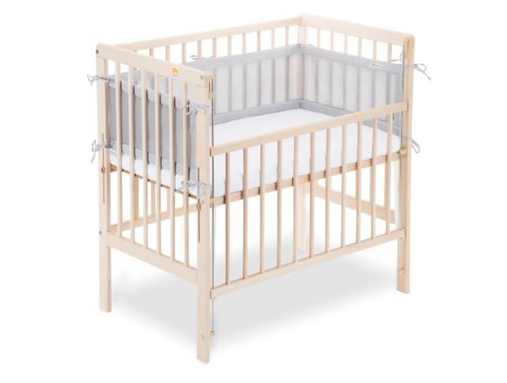 FabiMax Boxspring Baby Beistellbett Flex 90x55, TÜV geprüft, aus Buchenholz Natur, mit innovativem verstellbarem Seitengitter, passend für Boxspringbetten, Matratze Comfort, Netz Grau
