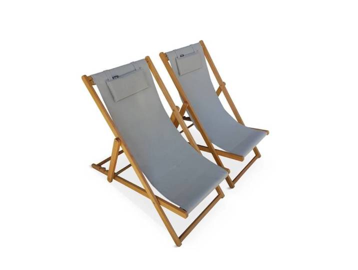 Chiliennes bois - Creus - 2 transats en bois d'Eucalyptus huilé avec coussin repose-tête gris taupe