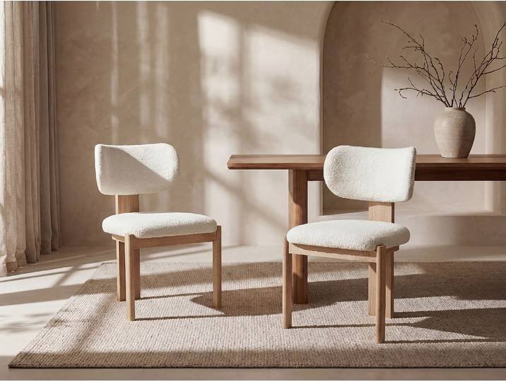 Stuhl 6er-Set - Bouclé-Stoff & Gummibaumholz - Weiß - WILANA