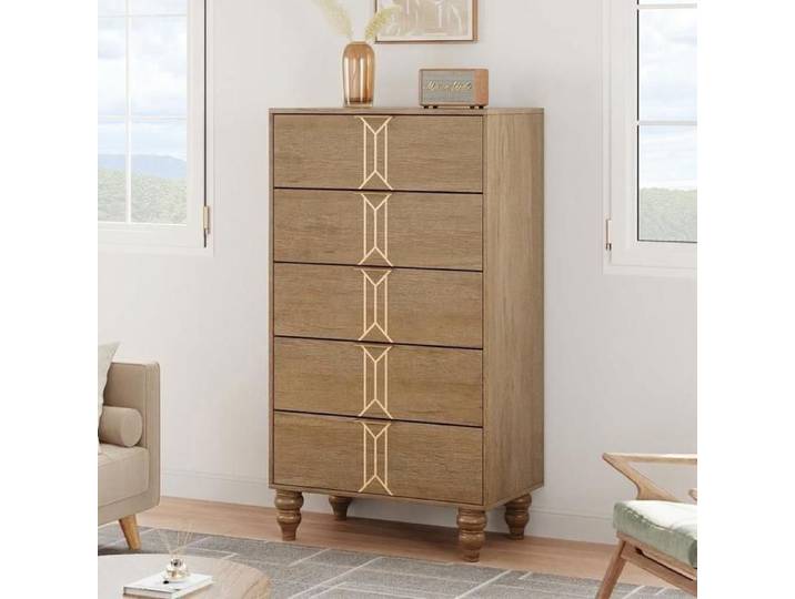 Commode haute - 5 tiroirs - 60x40x125 cm - Beige - Design moderne - Montage facile - Stable et durable